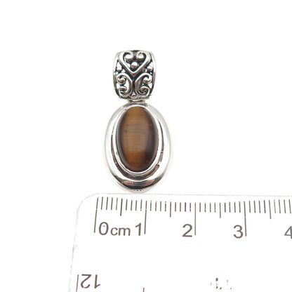 SX Sally C 925 Sterling Silver Vintage Real Tiger Eye Oxidized Charm Pendant