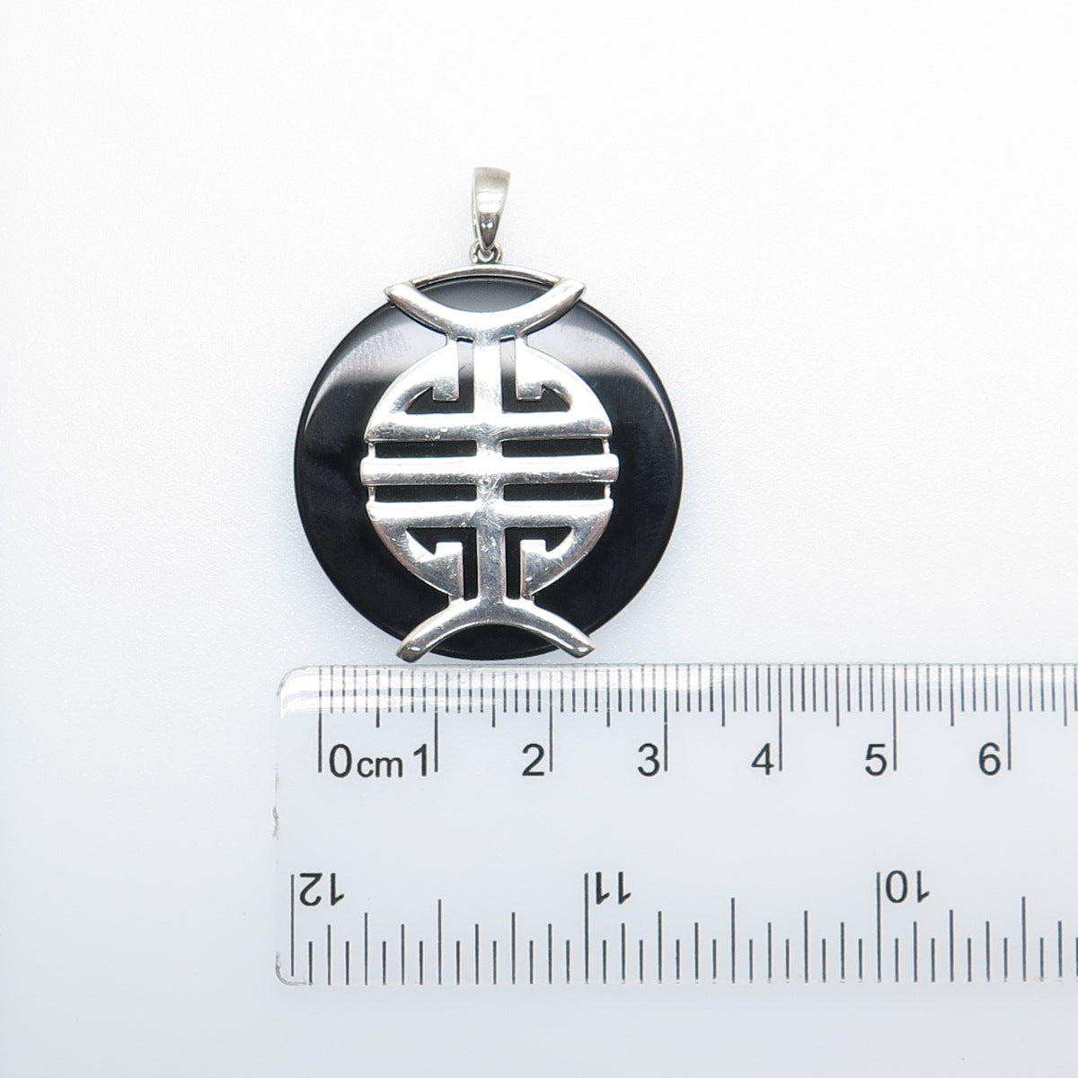 925 Sterling Silver Vintage Real Black Onyx Chinese Character Good Luck Pendant