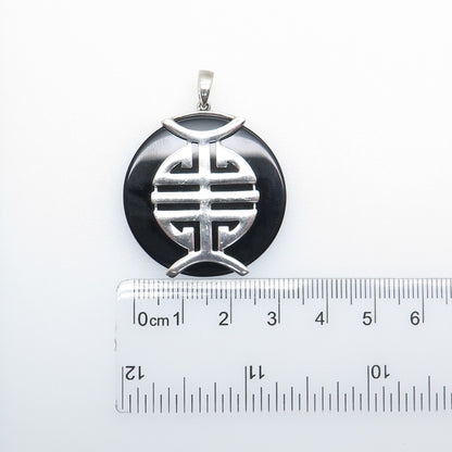 925 Sterling Silver Vintage Real Black Onyx Chinese Character Good Luck Pendant