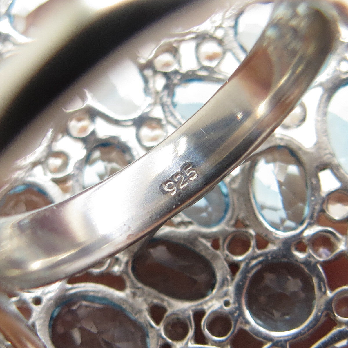 925 Sterling Silver Real Oval-Cut Blue Round-Cut White Topaz Cluster Ring Size 7