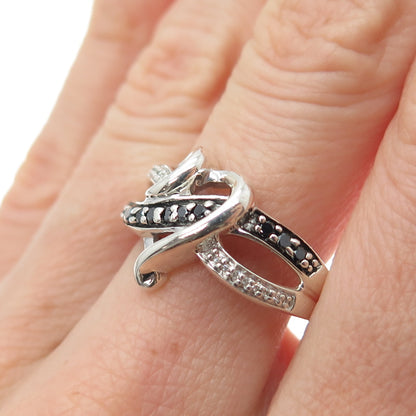 925 Sterling Silver Real Round-Cut Black & White Diamond Heart Ring Size 8.75