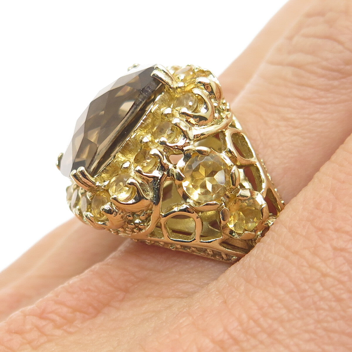 925 Sterling Silver Gold Plated Real Smoky Quartz & Citrine Ring Size 7