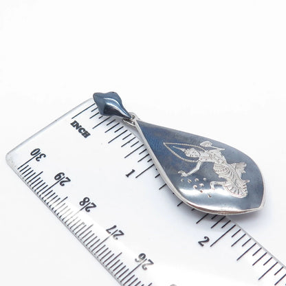 925 Sterling Silver Vintage Niello Hindu Goddess Teardrop Pendant
