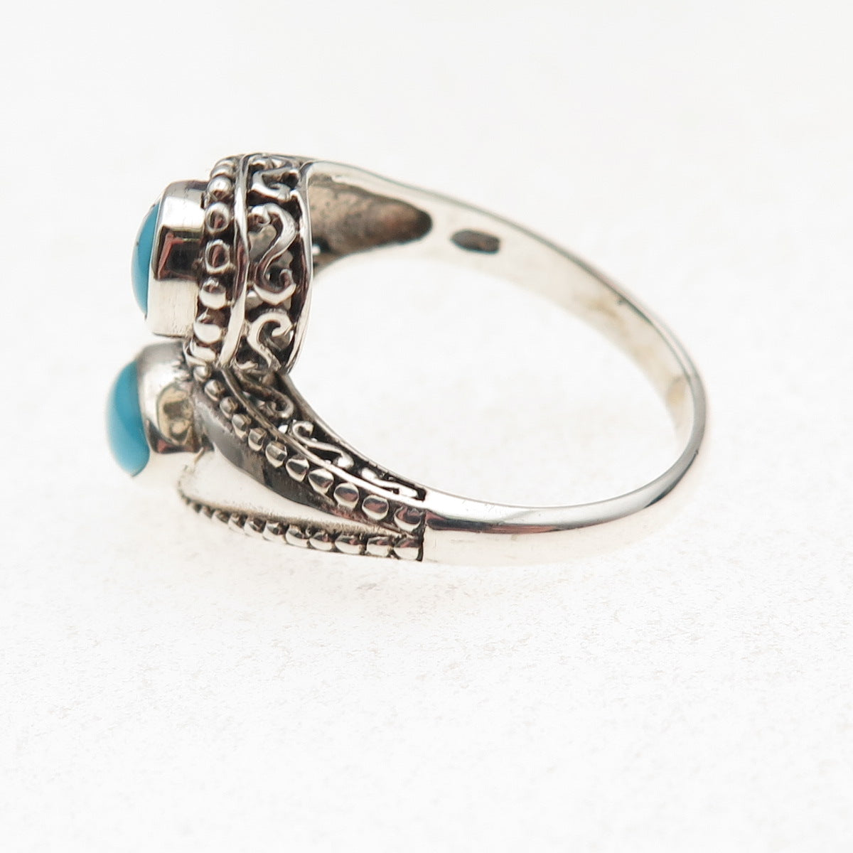 925 Sterling Silver Vintage Real Turquoise Oxidized Adjustable Ring Size 8.25