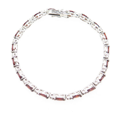 925 Sterling Silver Real Red Garnet Gemstone & C Z Tennis Link Bracelet 6.75"