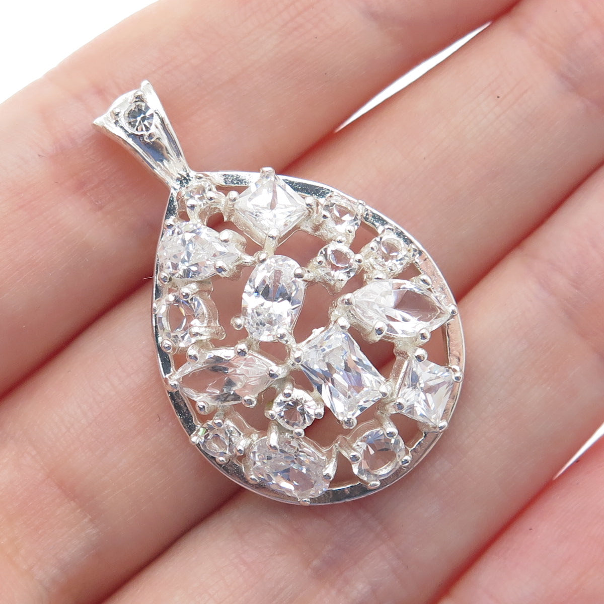 925 Sterling Silver Multi-Cut C Z Teardrop Cluster Pendant