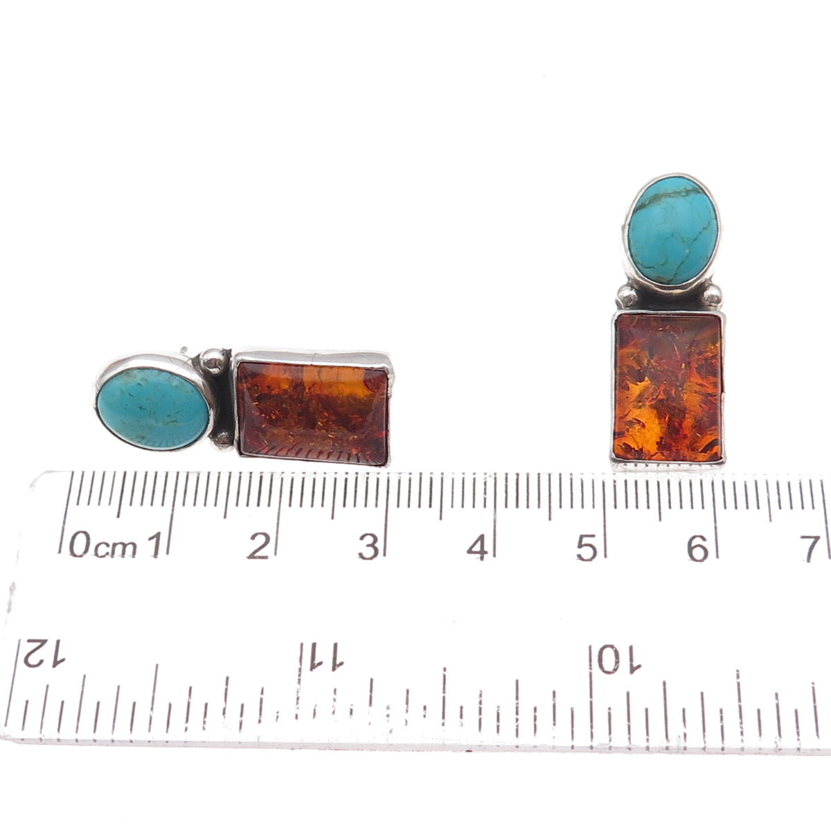 Old Pawn 925 Sterling Silver Vintage Southwestern Turquoise & Amber Earrings