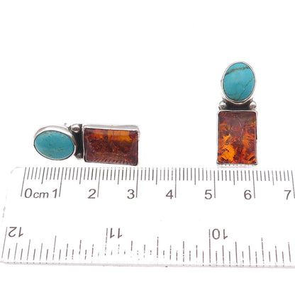 Old Pawn 925 Sterling Silver Vintage Southwestern Turquoise & Amber Earrings