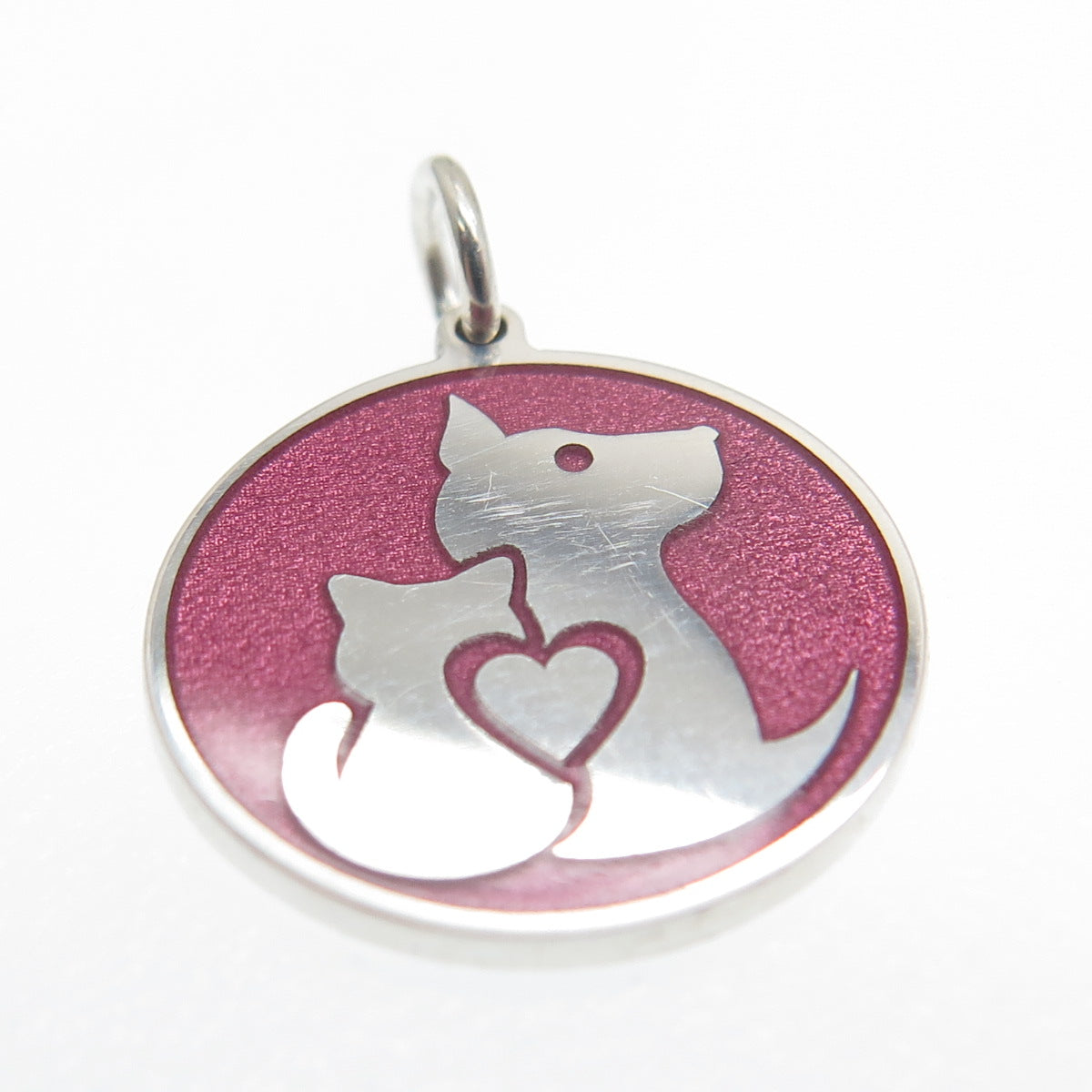925 Sterling Silver Purple Enamel Cat & Dog Friendship Minimalist Charm Pendant