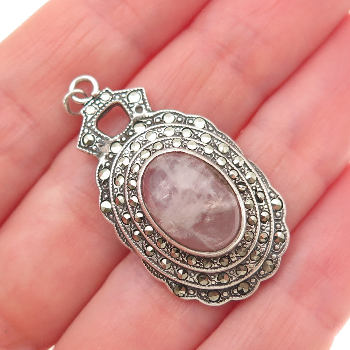 925 Sterling Silver Antique Art Deco Real Rose Quartz & Marcasite Charm Pendant