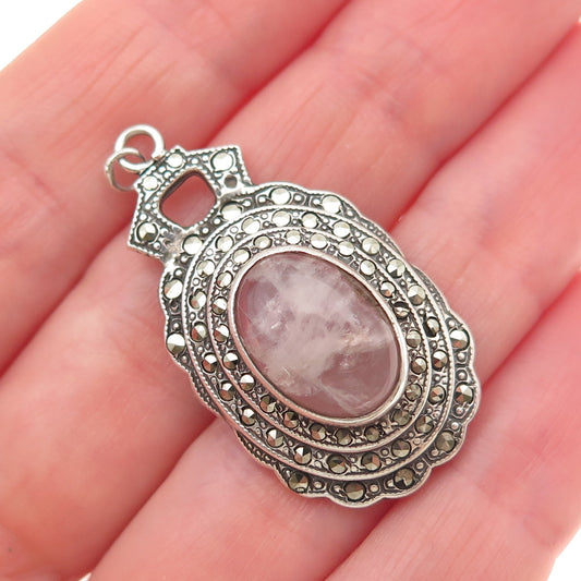 925 Sterling Silver Antique Art Deco Real Rose Quartz & Marcasite Charm Pendant