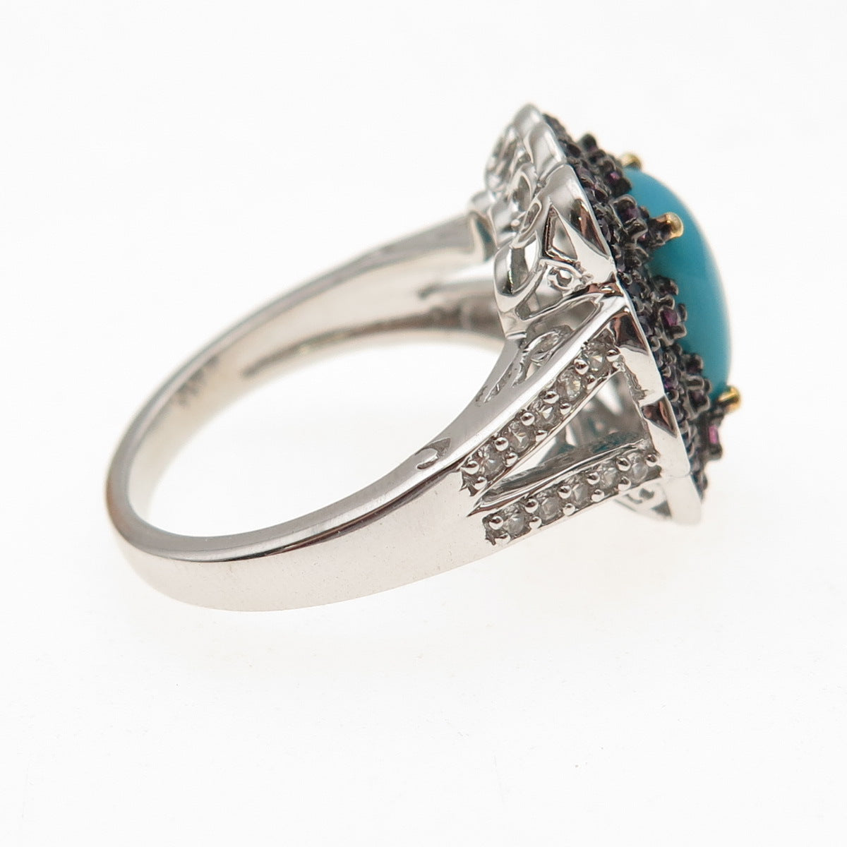925 Sterling Silver Real Turquoise Amethyst & White Topaz Ring Size 8.25