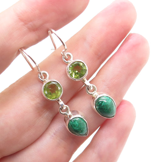 925 Sterling Silver Vintage Real Azurite & Peridot Dangle Earrings