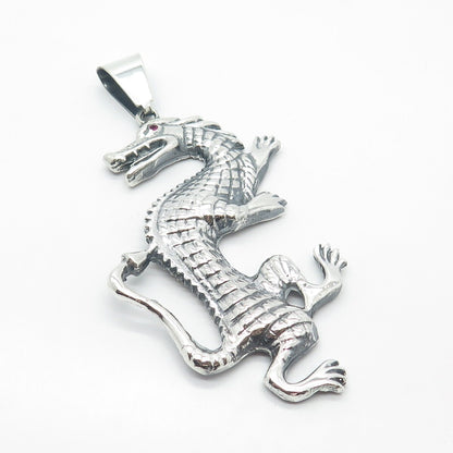 925 Sterling Silver Vintage Real Pink Sapphire Gem Dragon Pendant