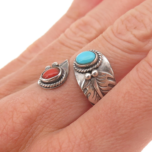 925 Sterling Vintage Real Turquoise & Coral Feather Adjustable Ring Size 6.75