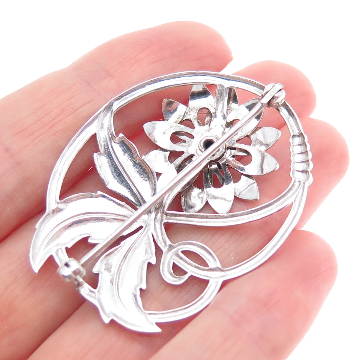 W. E. RICHARDS 925 Sterling Silver Vintage Flower Oxidized Pin Brooch