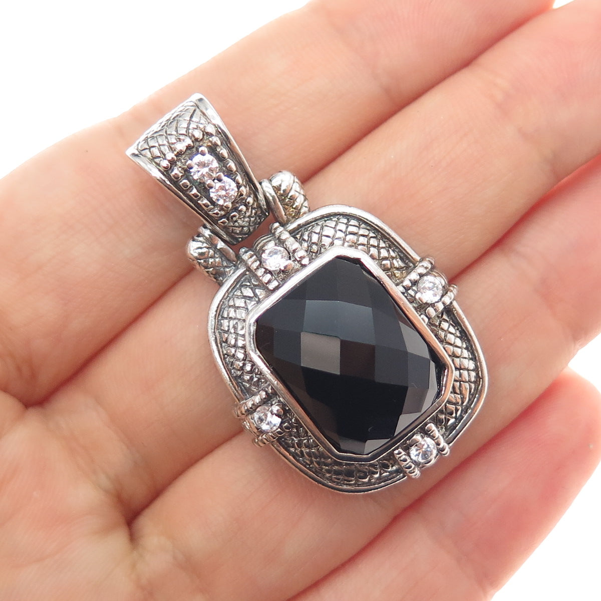 925 Sterling Silver Vintage Real Black Onyx & C Z Oxidized Charm Pendant