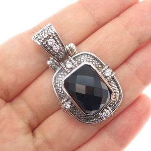 925 Sterling Silver Vintage Real Black Onyx & C Z Oxidized Charm Pendant