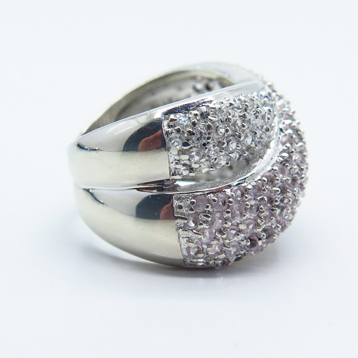 925 Sterling Silver Real Amethyst Gemstone & C Z Crossover Ring Size 8.5