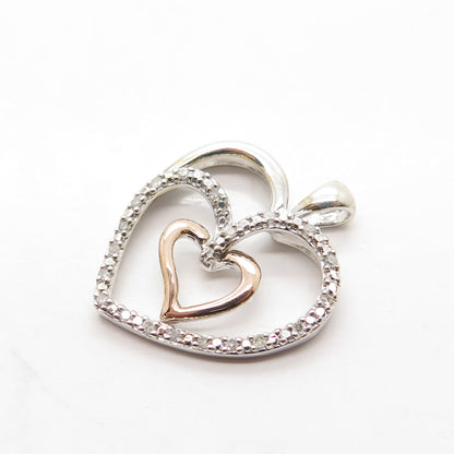 SUN 14K Rose Gold & 925 Sterling Silver Real Round-Cut Diamond Heart Pendant