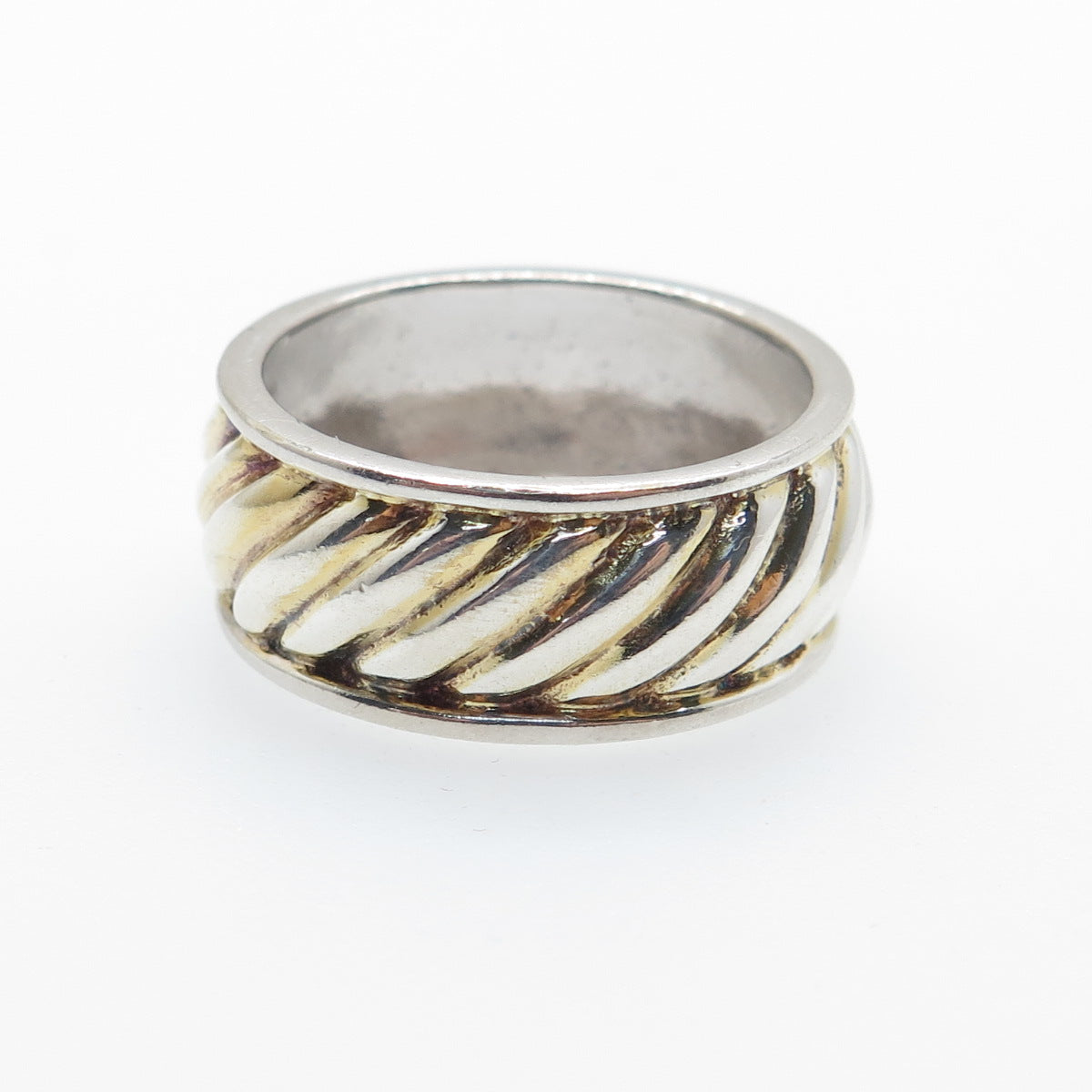 925 Sterling Silver 2-Tone Vintage Modernist Ribbed Band Ring Size 7.25