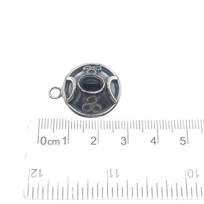 METSA 925 Sterling Silver Vintage Real Black Onyx Ornate Oxidized Charm Pendant