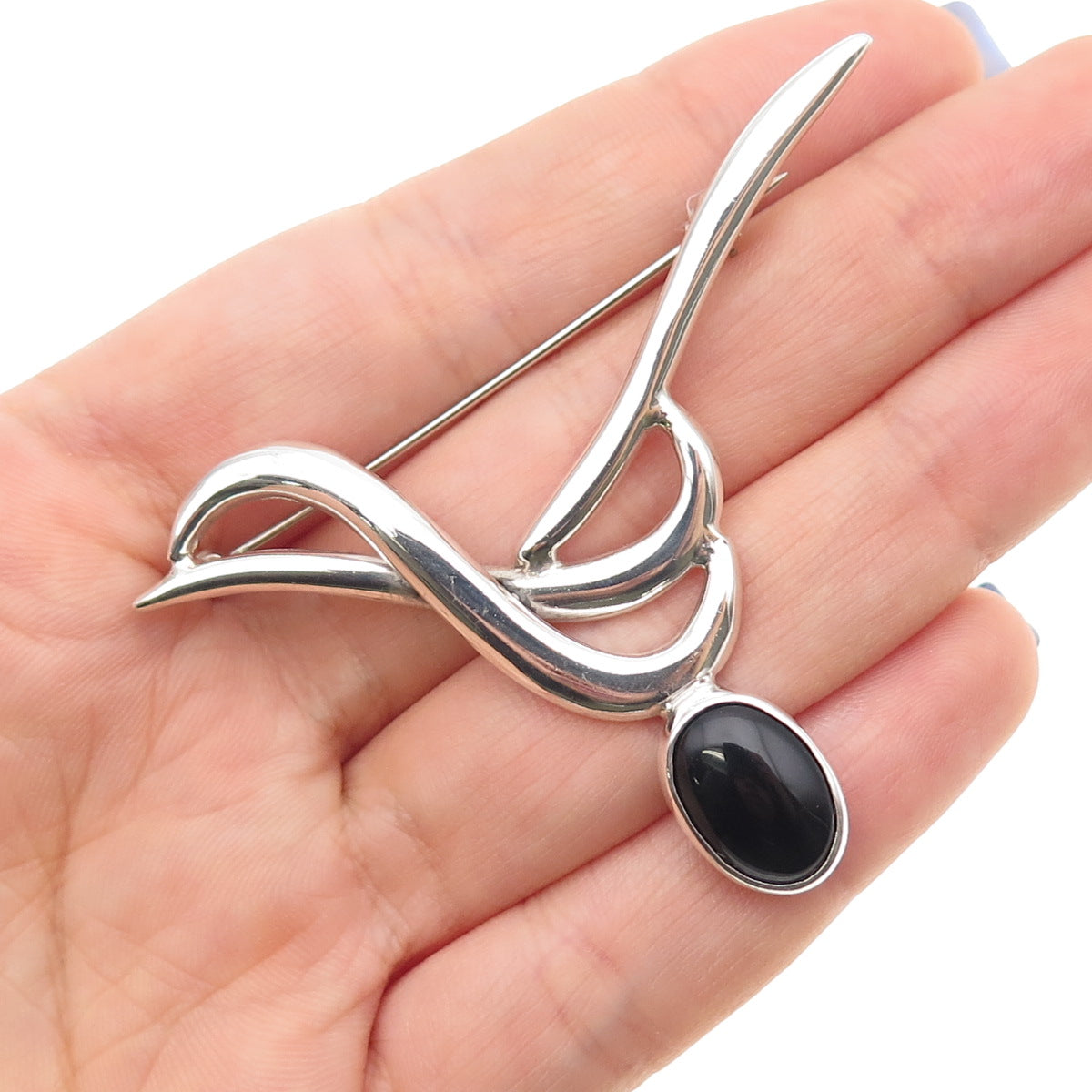 925 Sterling Silver Vintage Mexico Real Black Onyx Modernist Pin Brooch
