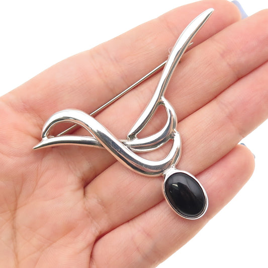 925 Sterling Silver Vintage Mexico Real Black Onyx Modernist Pin Brooch