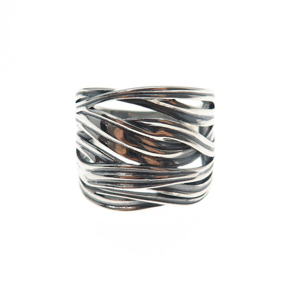 925 Sterling Silver Vintage Modernist Crisscross Oxidized Ring Size 10