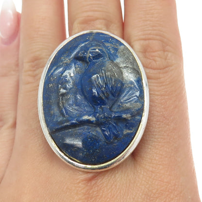 970 Silver Vintage Real Carved Lapis Lazuli Bird Cameo Statement Ring Size 10.5