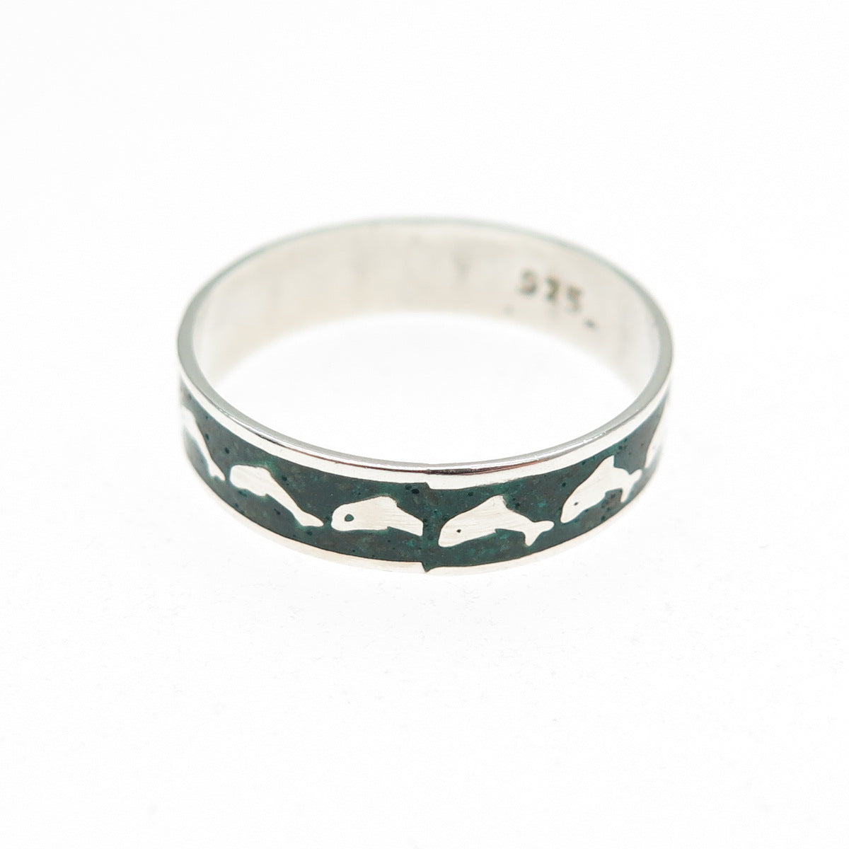 925 Sterling Silver Vintage Real Turquoise Inlay Dolphin Band Ring Size 6.75