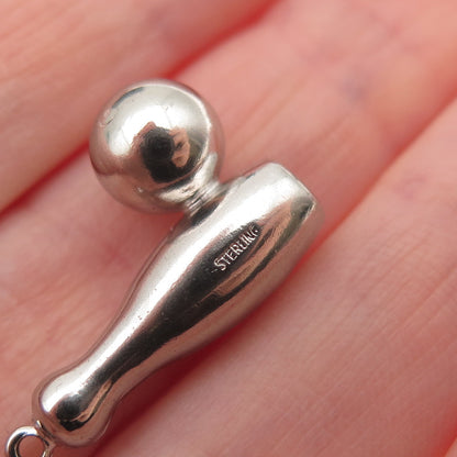 925 Sterling Silver Vintage Bowling Pin & Ball 3D Charm Pendant
