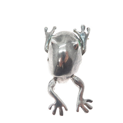 925 Sterling Silver Vintage Enamel Frog Good Luck Oxidized Pin Brooch