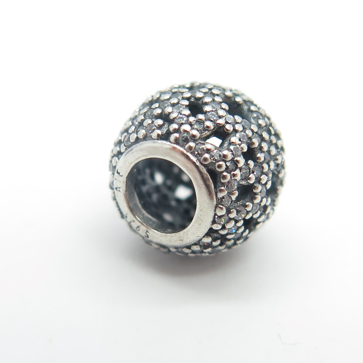 PANDORA 925 Sterling Silver Round-Cut C Z Shimmering Lace Bead Charm