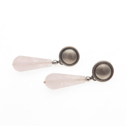 925 Sterling Silver 14K Gold Posts Vintage Real Rose Quartz Dangle Earrings