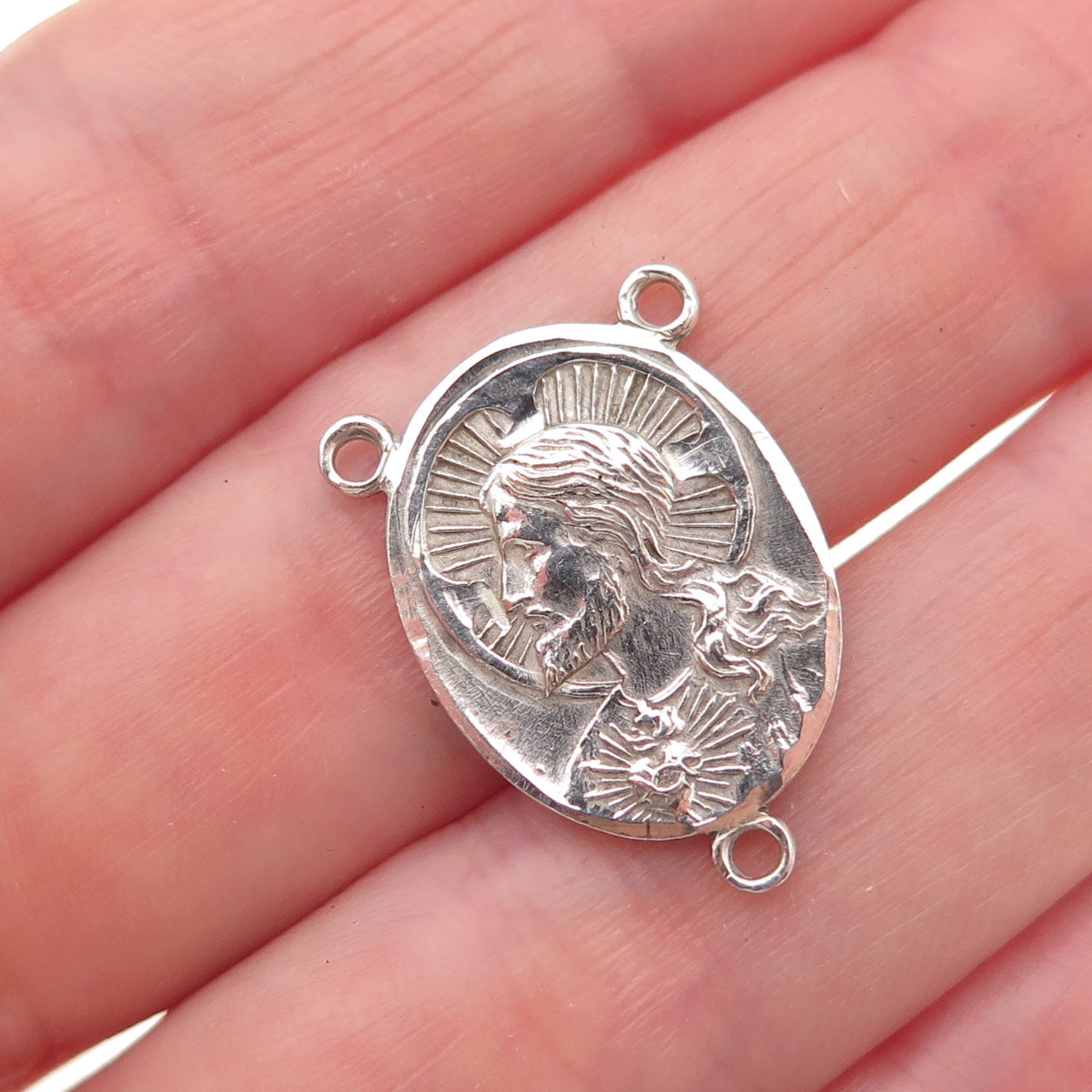 925 Sterling Silver Antique Art Deco Jesus & St. Mary Rosary Chain Charm Pendant