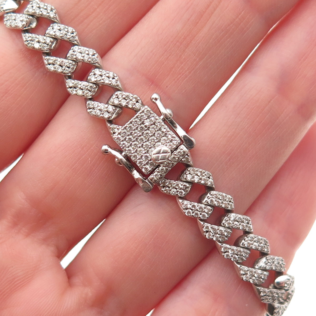 925 Sterling Silver Round-Cut C Z Cuban Link Bracelet 8"