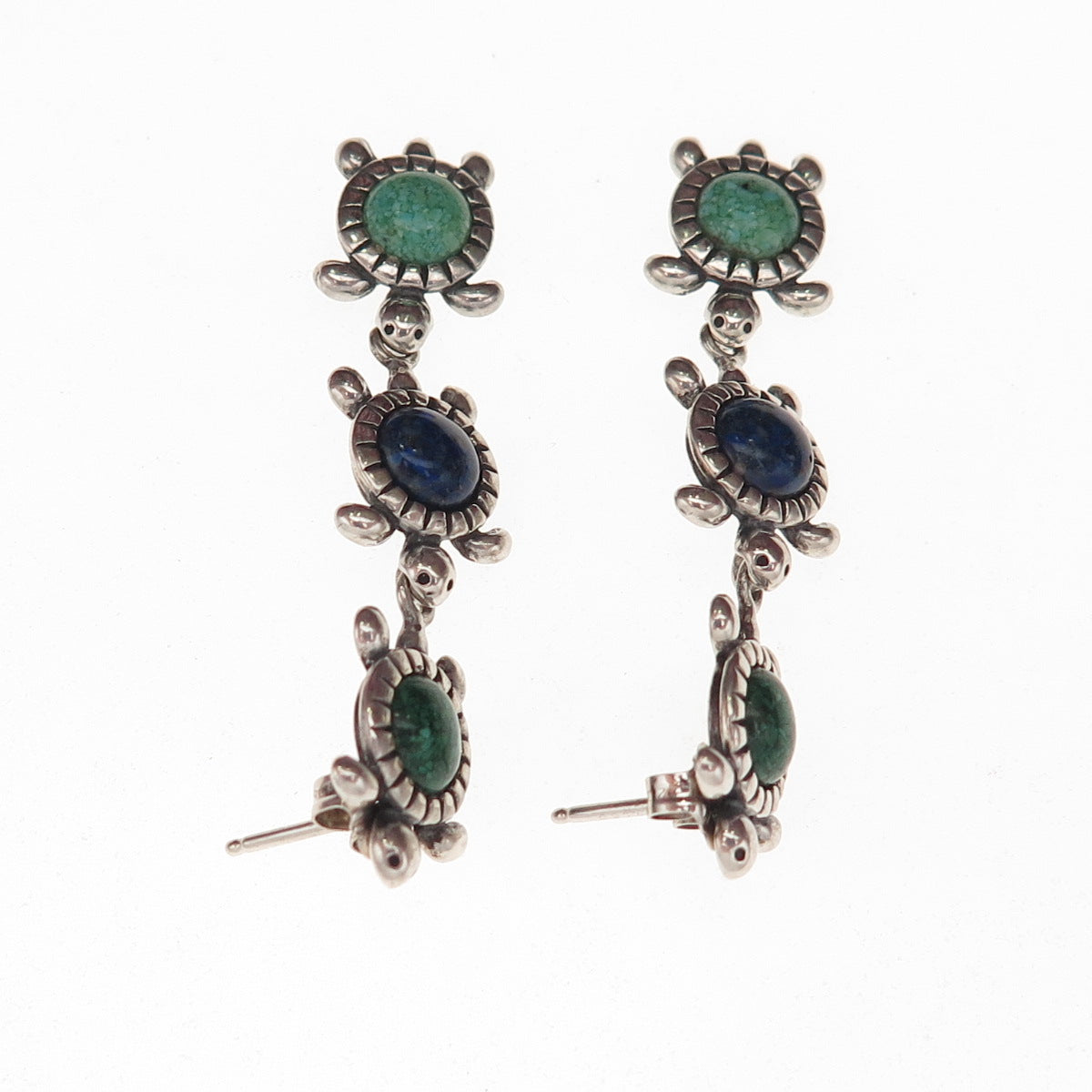 Carolyn Pollack Sterling Vintage Real Turquoise Malachite Lapis Inlay Earrings