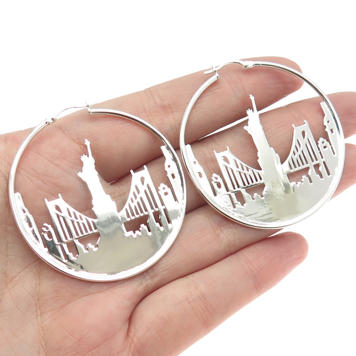 925 Sterling Silver Statue of Liberty NYC Skyline Hoop Earrings