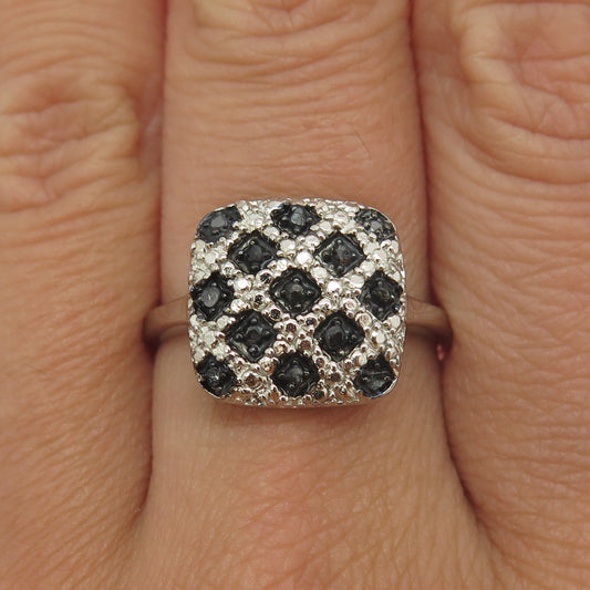 925 Sterling Silver Real Round-Cut Black Diamond Lattice Pattern Ring Size 9