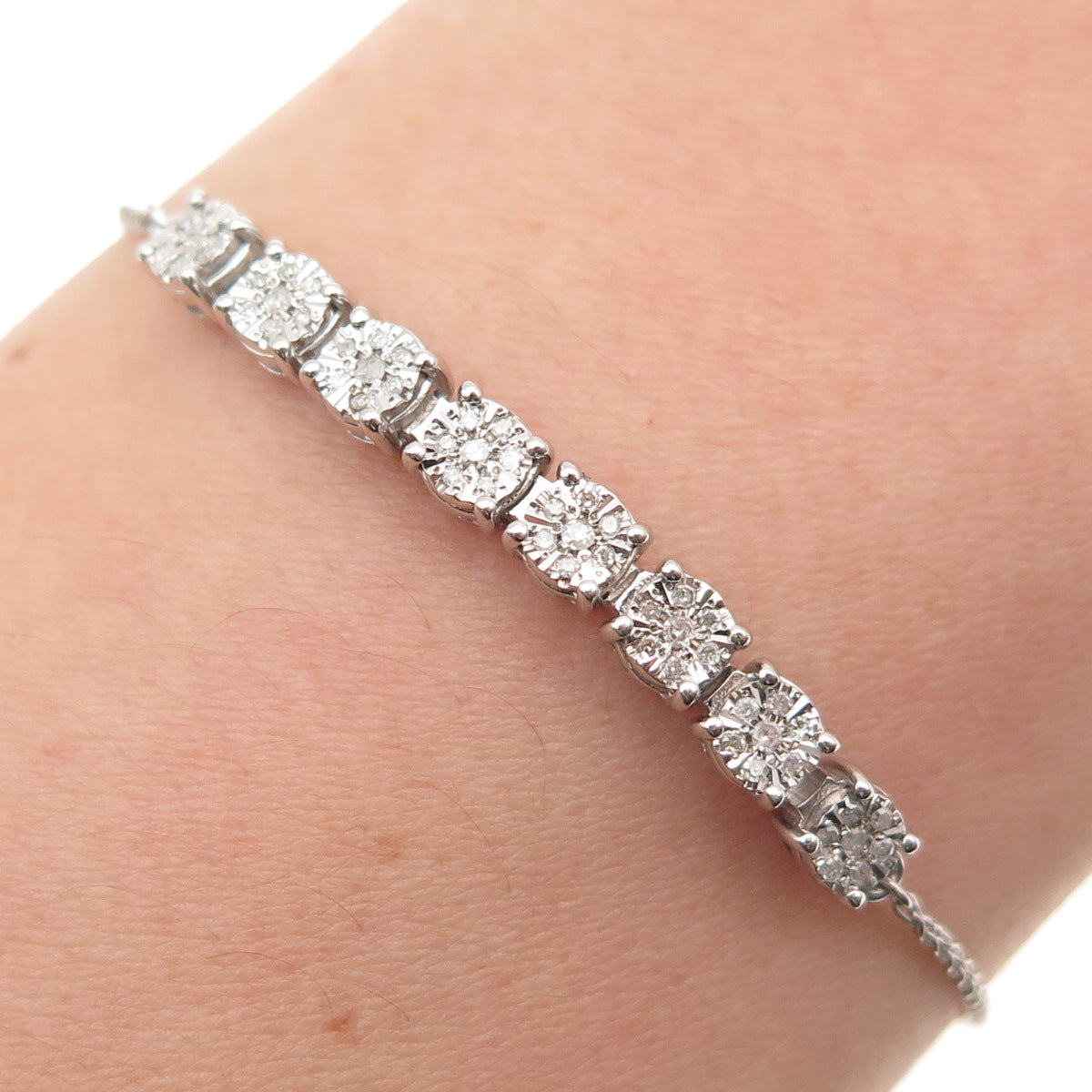 925 Sterling Real Diamond Spiga Link Adjustable Bolo Anklet / Bracelet 6-9.75"