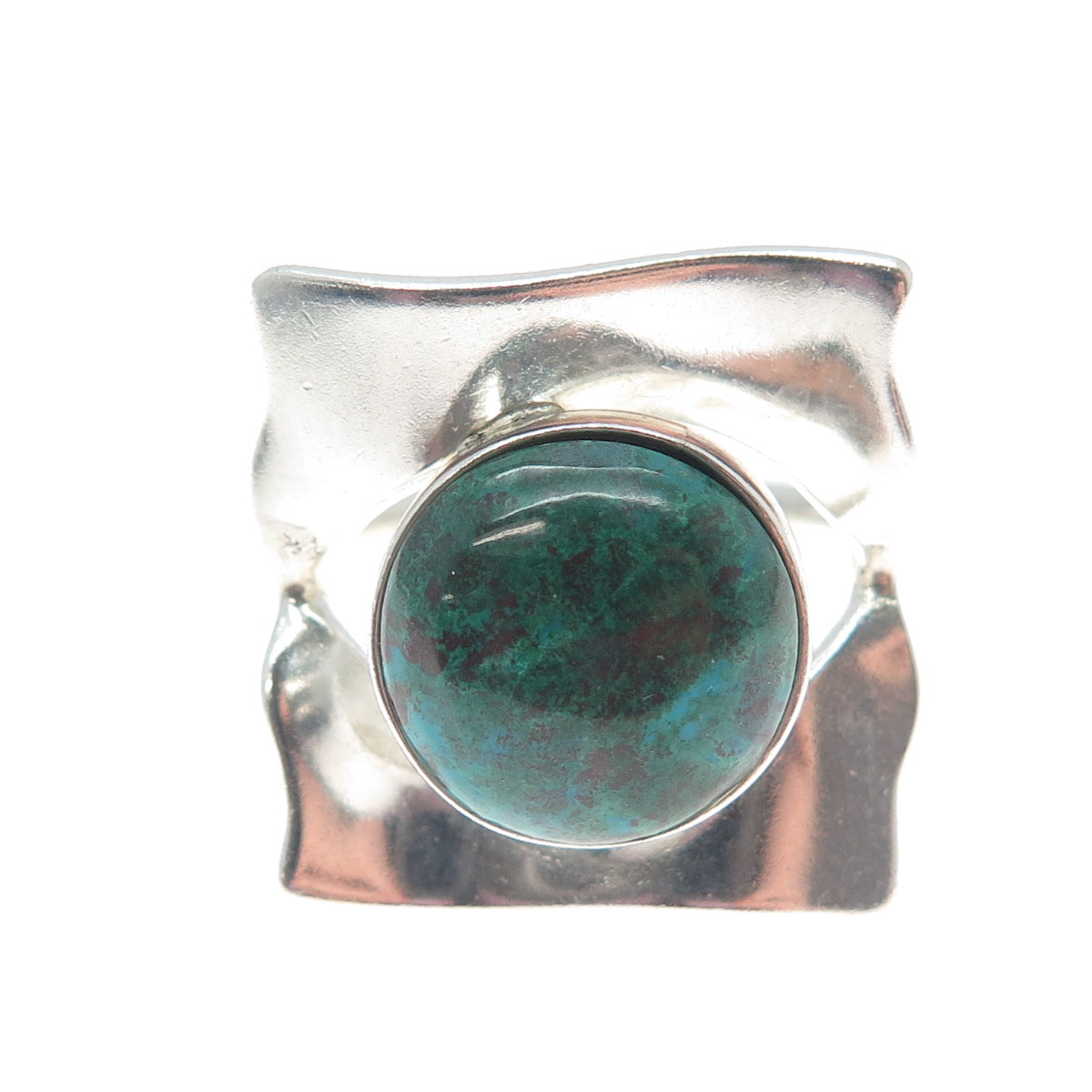 950 Silver Vintage Real Chrysocolla Gemstone Modernist Ring Size 4.75