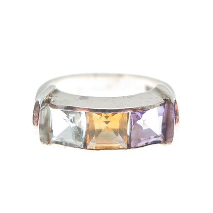 925 Sterling Silver Vintage Real Amethyst Blue & Yellow Topaz Gem Ring Size 6.25
