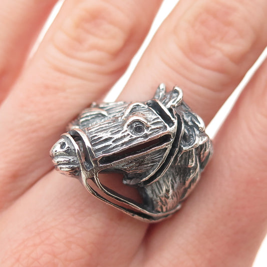 925 Sterling Silver Vintage Horse Oxidized Ring Size 8.75