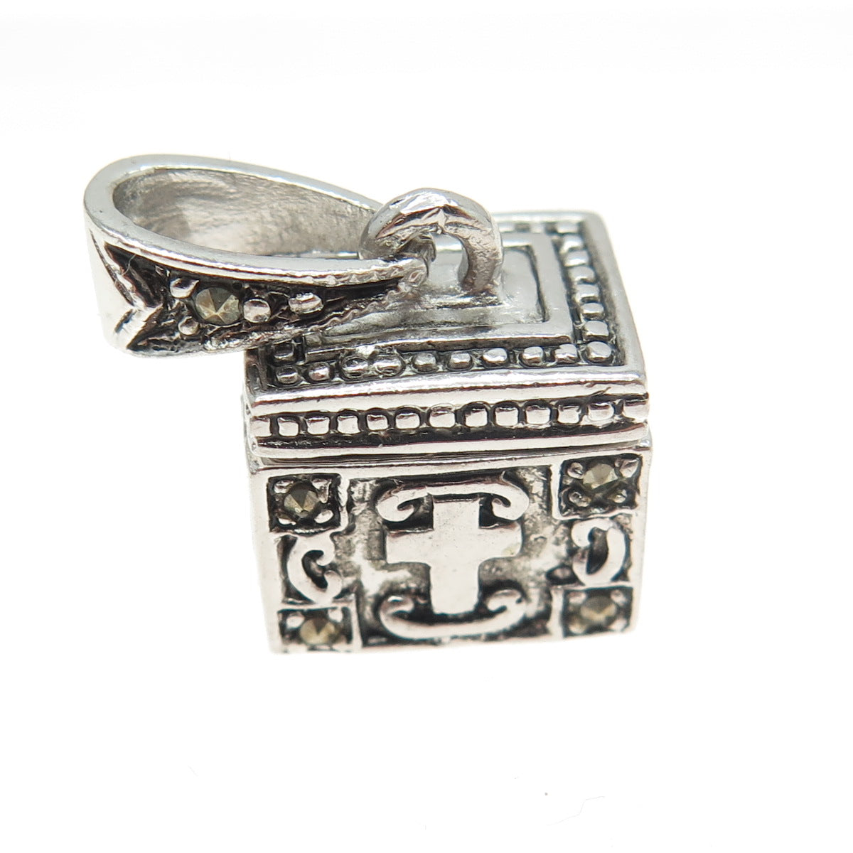 925 Sterling Silver Real Marcasite Gemstone Ornate Box Locket Pendant