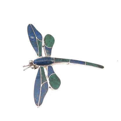 970 Silver Vintage Real Turquoise & Lapis Dragonfly Pin Brooch / Pendant