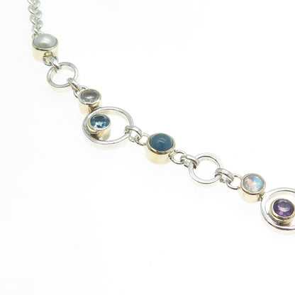 925 Sterling Silver Pearl Amethyst Blue Topaz Fiber Optic Cat's Eye Necklace 18"