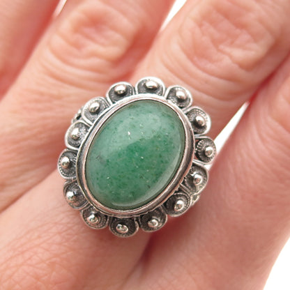 925 Sterling Silver Antique Art Deco Real Aventurine Floral Oxidized Ring Size 9