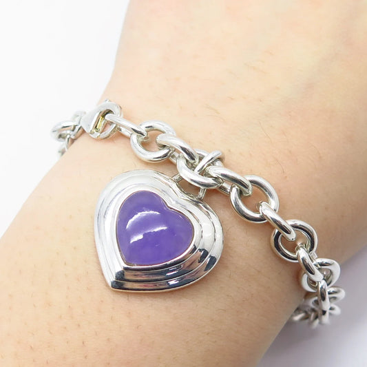 925 Sterling Silver Vintage Lilac Chalcedony Gem Heart Rolo Link Bracelet 7"