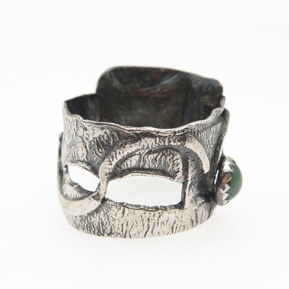 925 Sterling Silver Vintage Real Jade Modernist Oxidized Ring Size 9